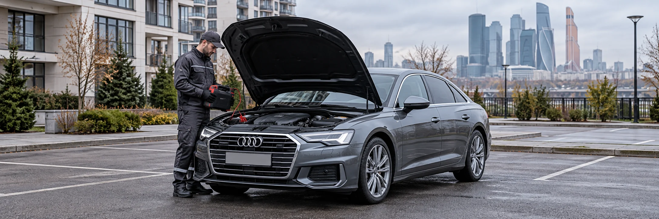 Техпомощь Audi — автомобиль и мастер с пусковым устройством