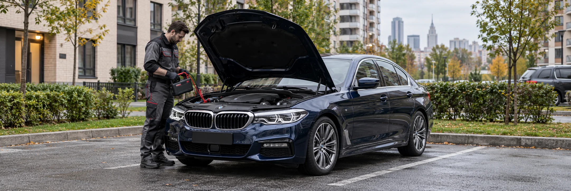 Техпомощь BMW — автомобиль и мастер с пусковым устройством