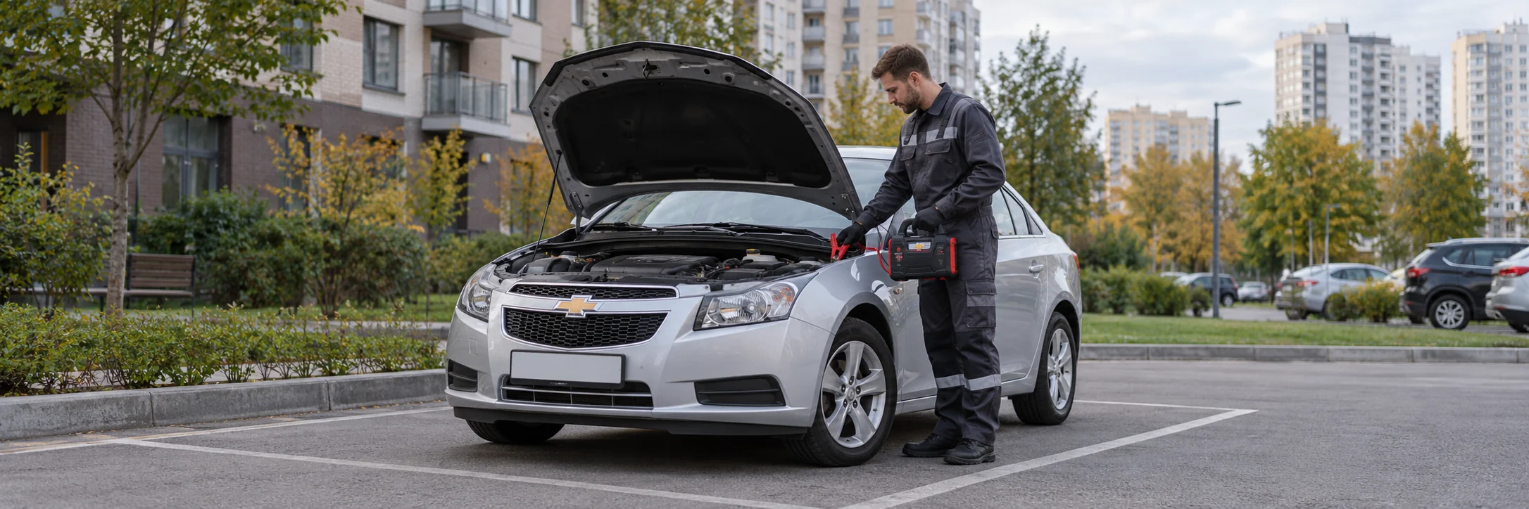 Техпомощь Chevrolet — автомобиль и мастер с пусковым устройством