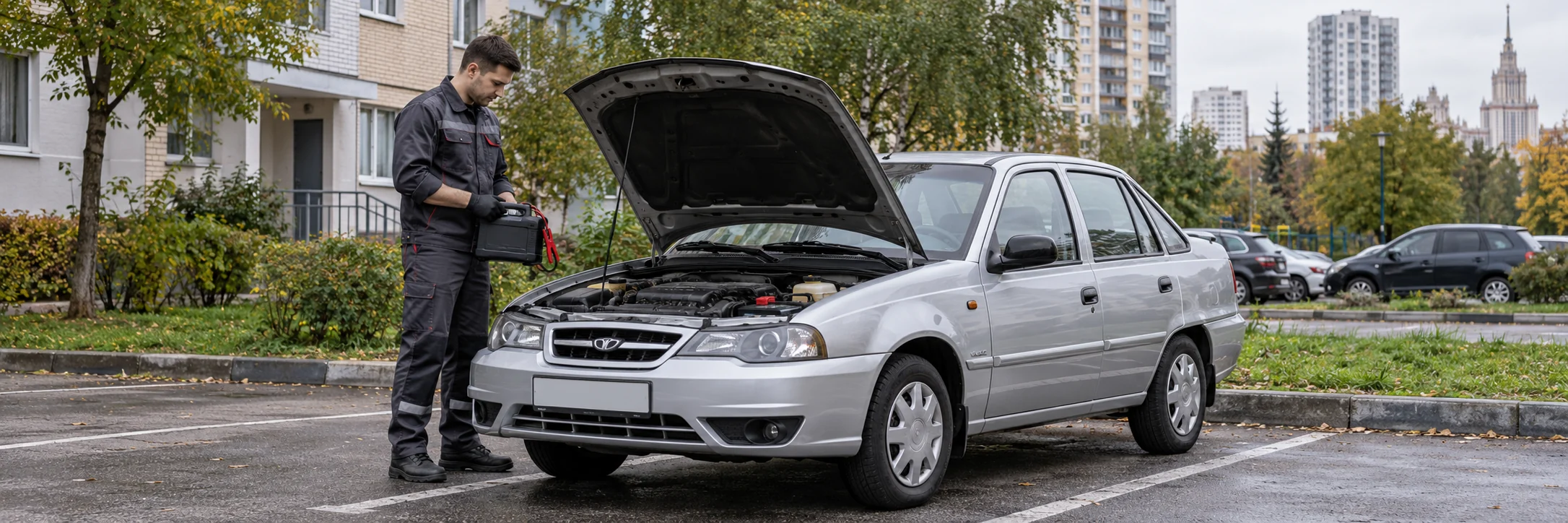 Техпомощь Daewoo — автомобиль и мастер с пусковым устройством