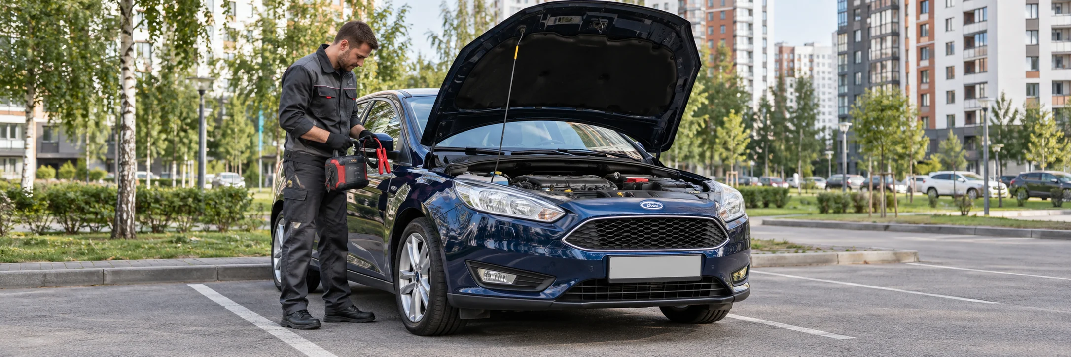 Техпомощь Ford — автомобиль и мастер с пусковым устройством