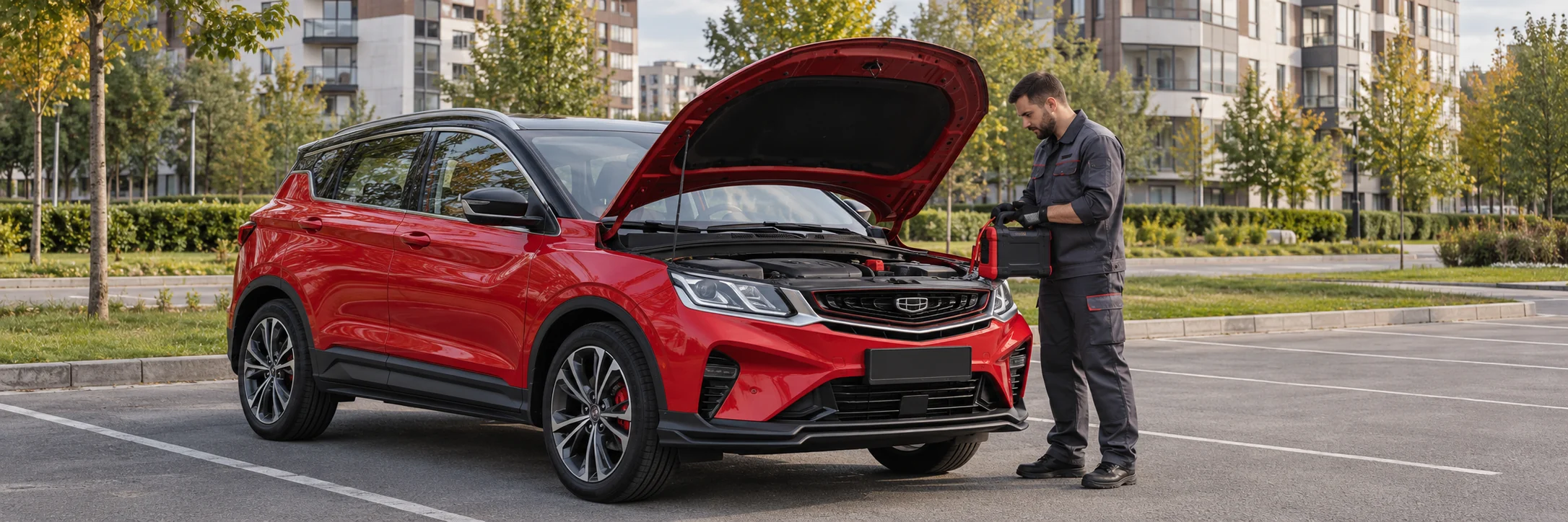 Техпомощь Geely — автомобиль и мастер с пусковым устройством