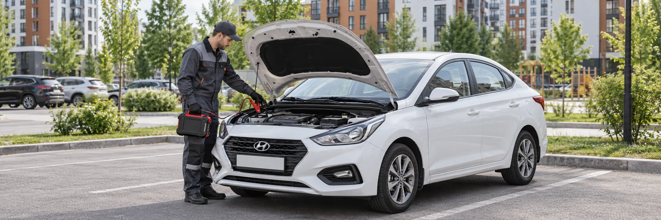 Техпомощь Hyundai — автомобиль и мастер с пусковым устройством