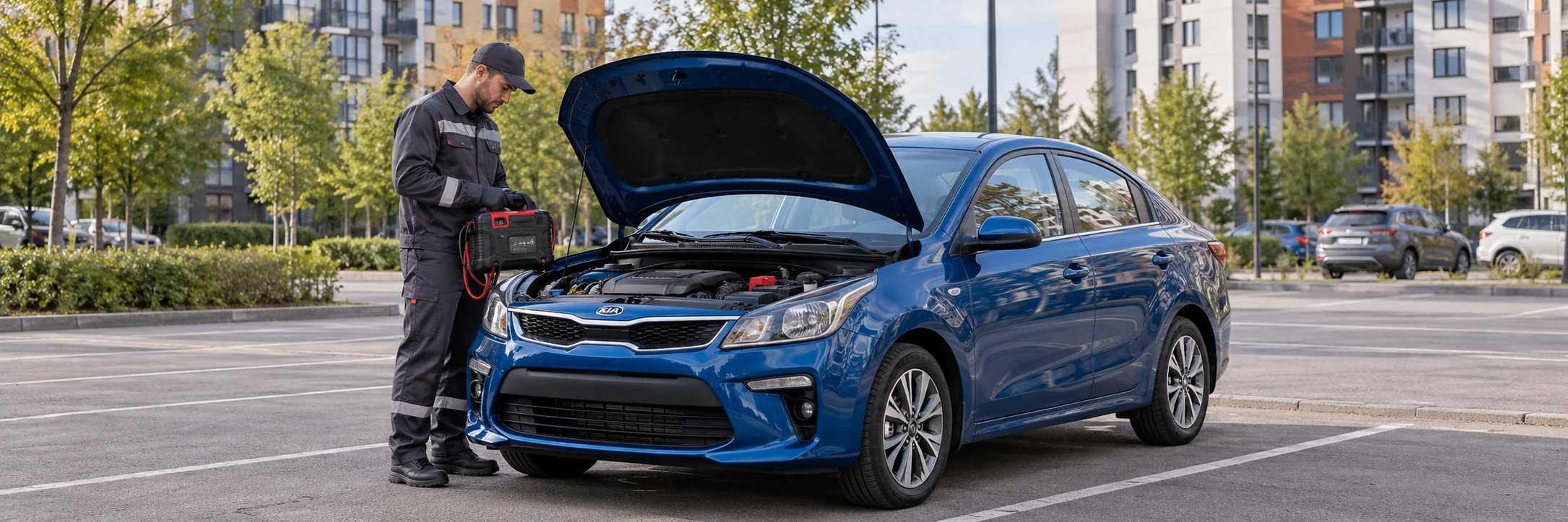 Техпомощь Kia — автомобиль и мастер с пусковым устройством