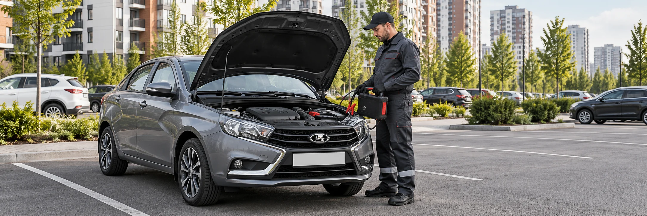 Техпомощь LADA — автомобиль и мастер с пусковым устройством