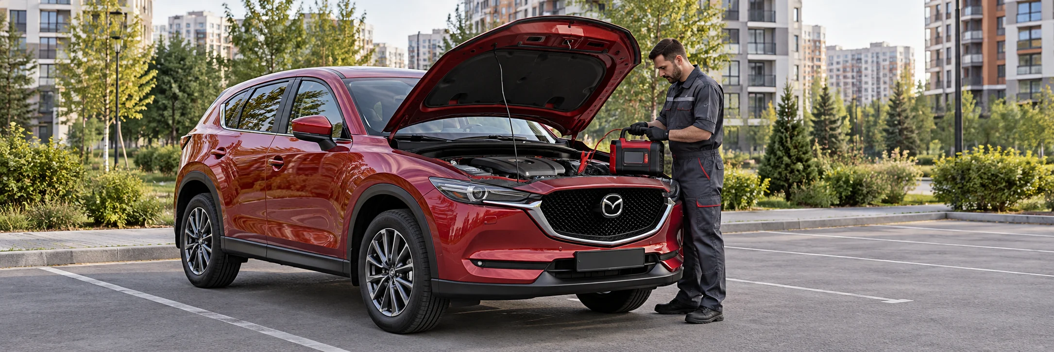 Техпомощь Mazda — автомобиль и мастер с пусковым устройством