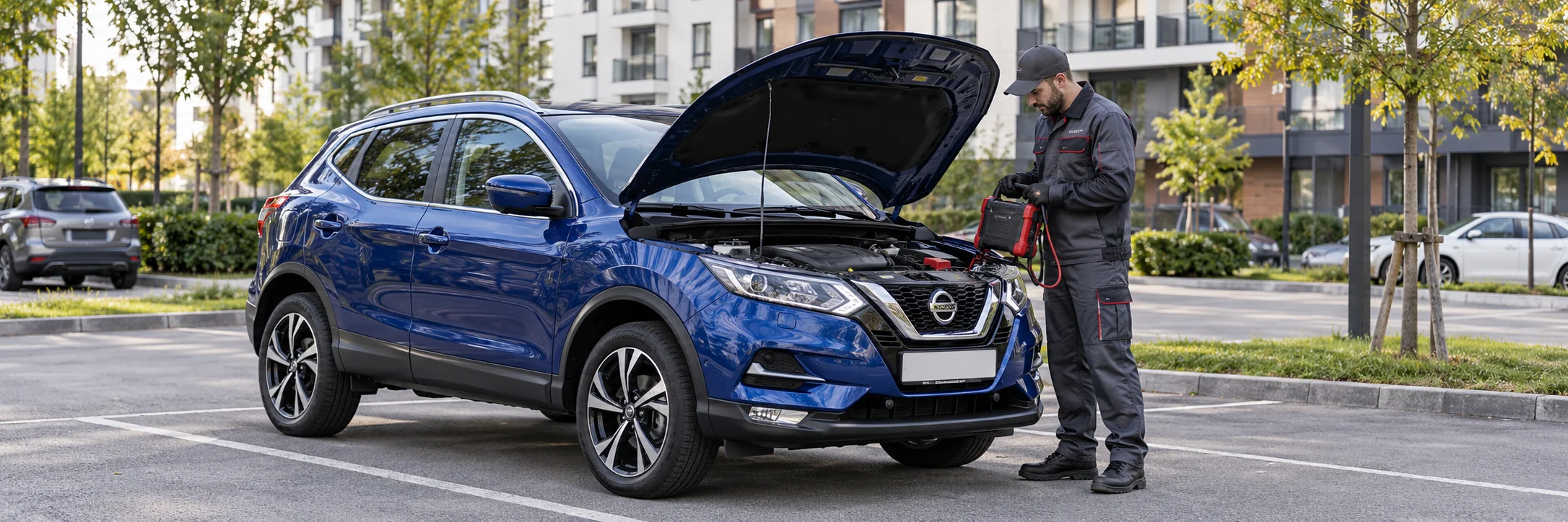 Техпомощь Nissan — автомобиль и мастер с пусковым устройством