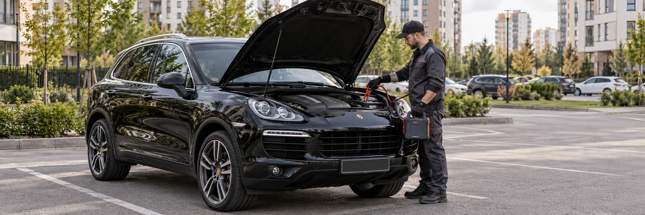Техпомощь Porsche — автомобиль и мастер с пусковым устройством