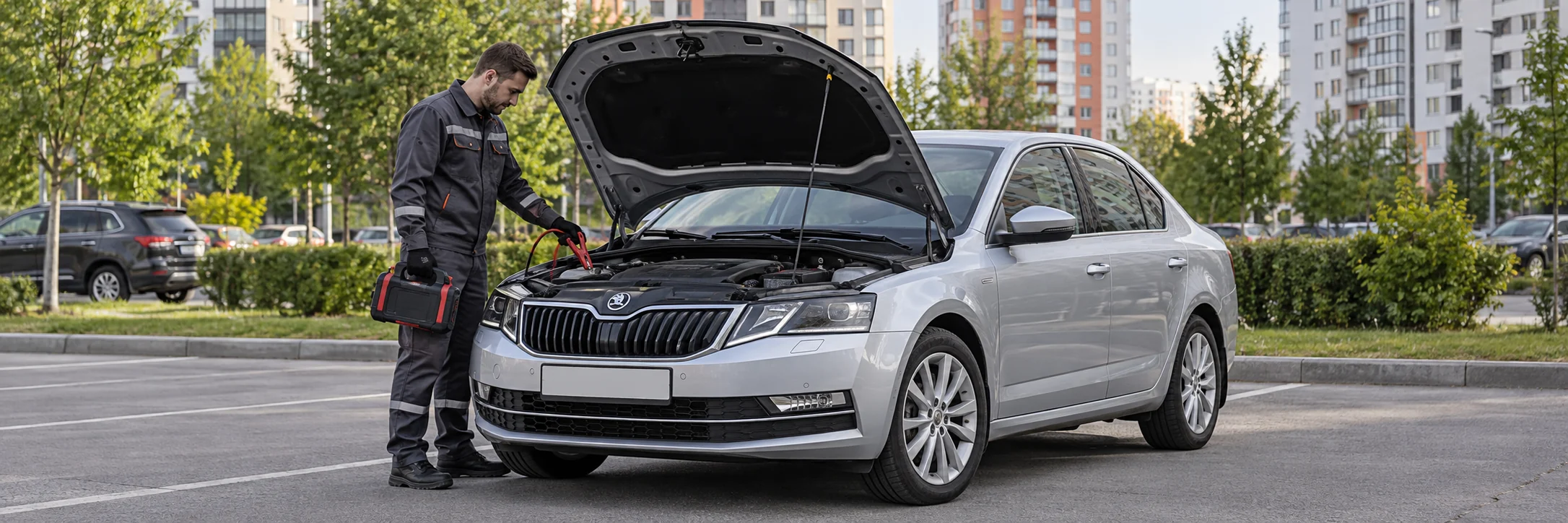 Техпомощь Skoda — автомобиль и мастер с пусковым устройством