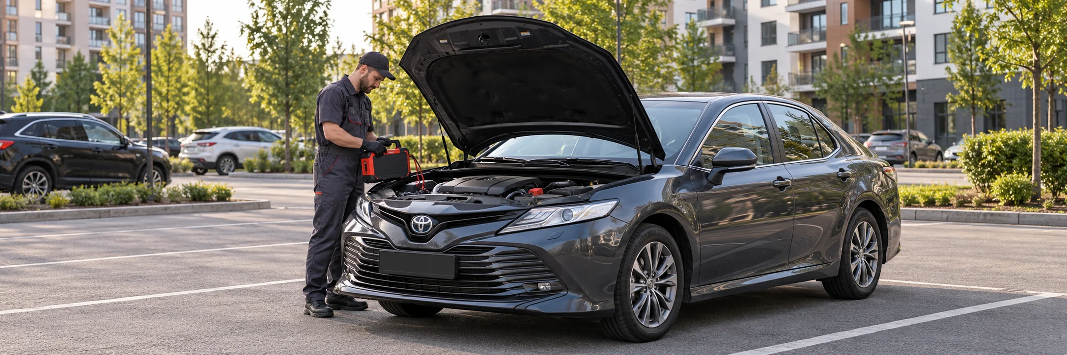 Техпомощь Toyota — автомобиль и мастер с пусковым устройством