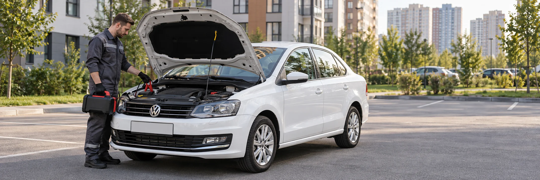 Техпомощь Volkswagen — автомобиль и мастер с пусковым устройством