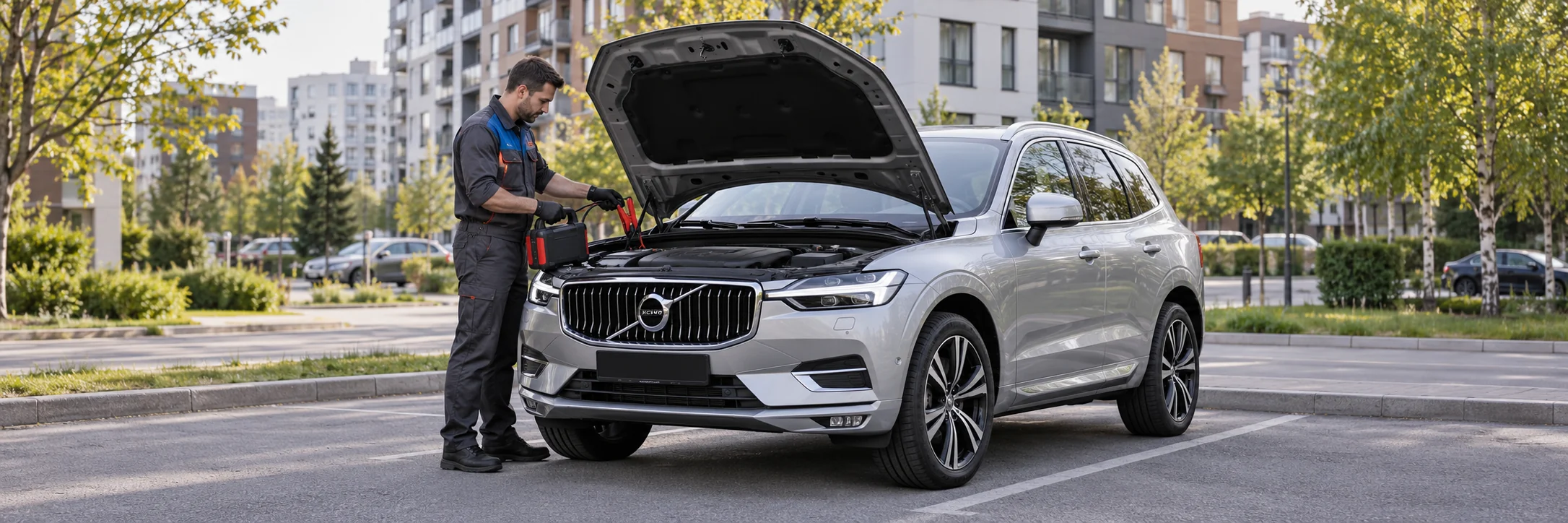 Техпомощь Volvo — автомобиль и мастер с пусковым устройством