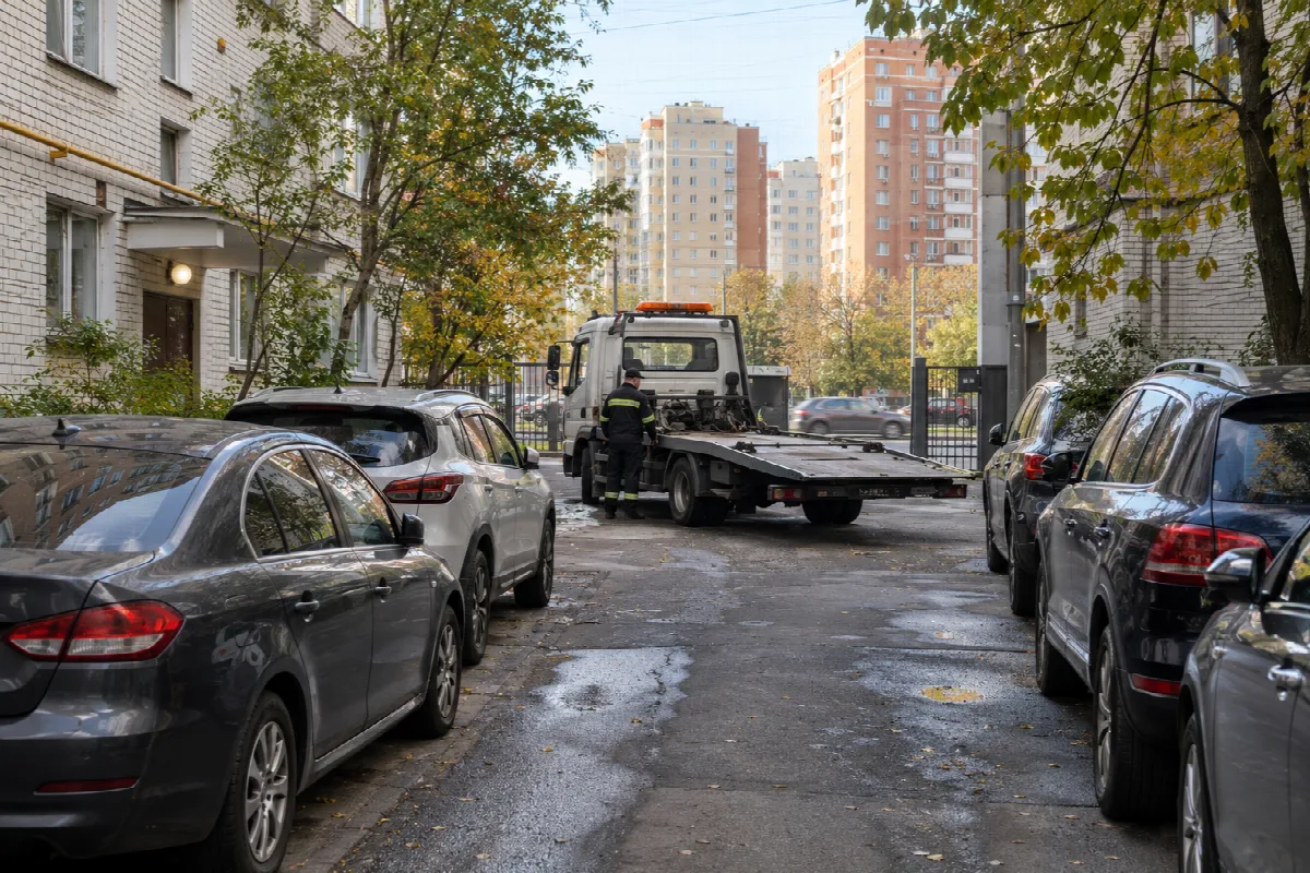 Подъезд эвакуатора во дворе